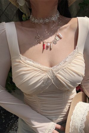 Sheer Pleated Long-Sleeve T-Shirt for Women - Sexy Nude Color, Stretchy, Large-Bust Design, Perfect for 90s and Y2K Styles