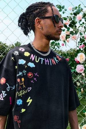 Short Sleeve Cartoon Graffiti T-Shirt - Heavyweight American Streetwear, Unisex 2025 Style, Urban Fashion