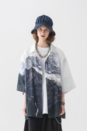 Short Sleeve Snow Mountain Hawaii Cuba Vacation Shirt - Trendy Y2K Style for Summer Outings