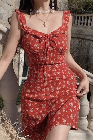 Sicilian Style Floral Ruffled V-Neck Tie Camisole Dress with Flying Sleeves for Women - Spring Summer Vacation Fashion