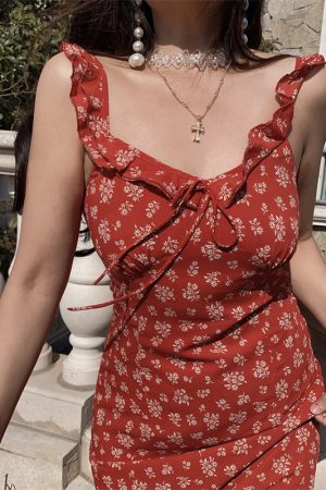 Sicilian Style Floral Ruffled V-Neck Tie Camisole Dress with Flying Sleeves for Women - Spring Summer Vacation Fashion