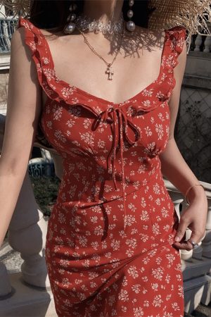 Sicilian Style Floral Ruffled V-Neck Tie Camisole Dress with Flying Sleeves for Women - Spring Summer Vacation Fashion