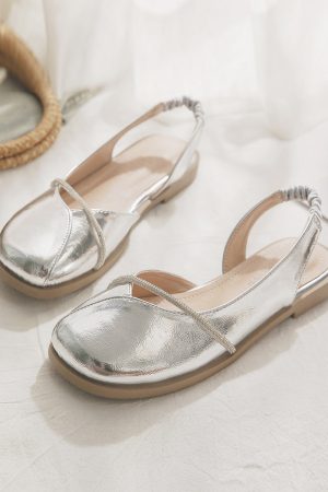 Silver Open-Toe Sheepskin Flat Evening Shoes for Women - Stylish Summer Sandals, Perfect for Outdoor Wear 2025