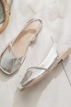 Silver Open-Toe Sheepskin Flat Evening Shoes for Women - Stylish Summer Sandals, Perfect for Outdoor Wear 2025