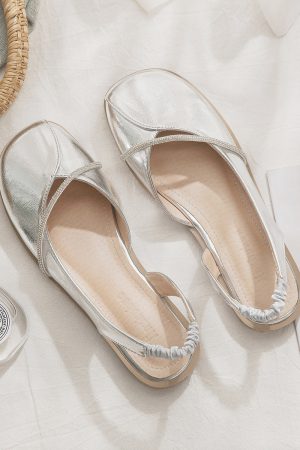 Silver Open-Toe Sheepskin Flat Evening Shoes for Women - Stylish Summer Sandals, Perfect for Outdoor Wear 2025
