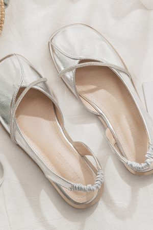 Silver Open-Toe Sheepskin Flat Evening Shoes for Women - Stylish Summer Sandals, Perfect for Outdoor Wear 2025