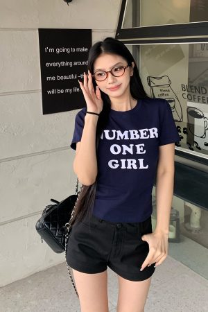 Sister Letter Print Short Sleeve T-Shirt for Women - 2025 Spring Slim Fit Casual Top in Trendy Y2K Style