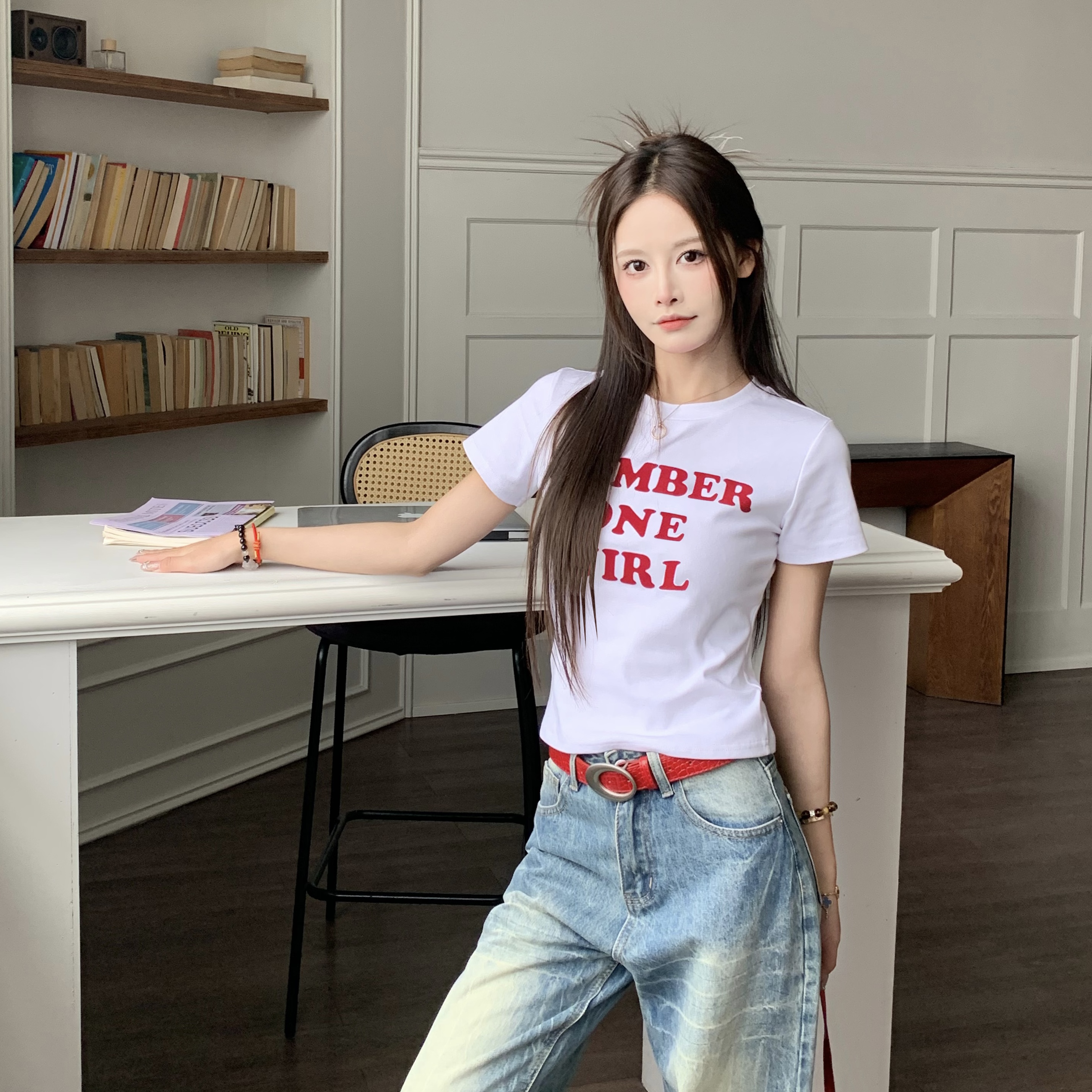 Sister Letter Print Short Sleeve T-Shirt for Women - 2025 Spring Slim Fit Casual Top in Trendy Y2K Style