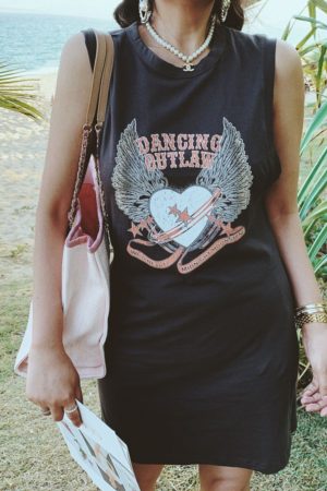 Sleeveless Long Slim Dress with Small Wing Heart Print - 2025 Spring/Summer American Vintage Style