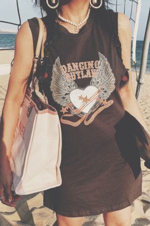 Sleeveless Long Slim Dress with Small Wing Heart Print - 2025 Spring/Summer American Vintage Style