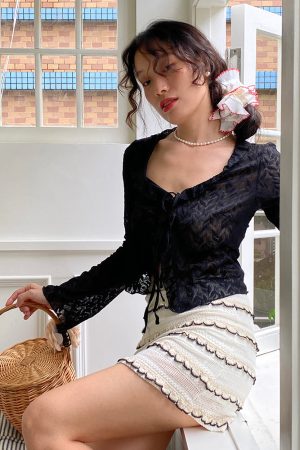 Slightly Sheer French Lace V-Neck Tie Cardigan for Women - Summer Sun Protection, Lightweight, Chic Layering Piece