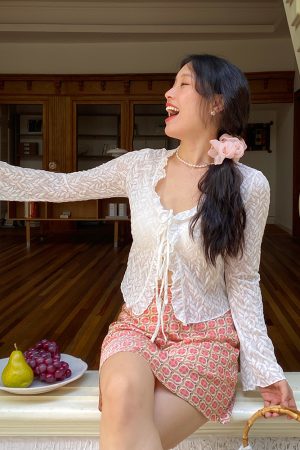 Slightly Sheer French Lace V-Neck Tie Cardigan for Women - Summer Sun Protection, Lightweight, Chic Layering Piece