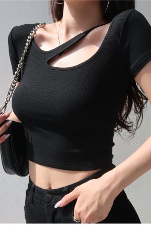 Slim Fit Hollow Round Neck Short Sleeve T-Shirt for Women - European American Style High Waist Solid Color Top, Perfect for Casual Chic Looks