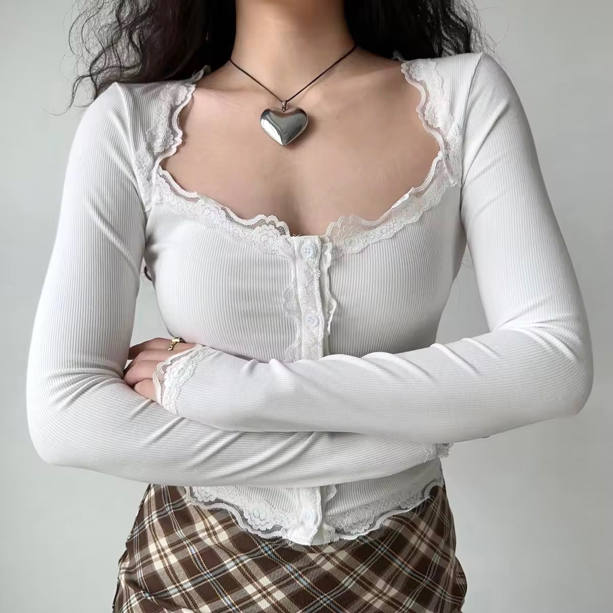 Slim Fit Lace Trim Long Sleeve Knitted Cardigan - Women's European American Style, Casual Chic Top for 90s Y2K Inspired Fashion Slim Fit Lace Trim Long Sleeve Knitted Cardigan - Women's European American Style, Casual Chic Top for 90s Y2K Inspired Fashion