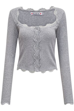 Slim Fit Lace Trim Long Sleeve Knitted Cardigan - Women's European American Style, Casual Chic Top for 90s Y2K Inspired Fashion