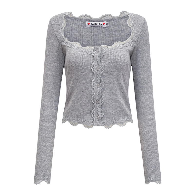 Slim Fit Lace Trim Long Sleeve Knitted Cardigan - Women's European American Style, Casual Chic Top for 90s Y2K Inspired Fashion Slim Fit Lace Trim Long Sleeve Knitted Cardigan - Women's European American Style, Casual Chic Top for 90s Y2K Inspired Fashion