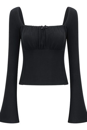 Slim Fit Long Sleeve Black T-Shirt for Women - Three-Dimensional Cut, Flattering Square Neck, European American Style