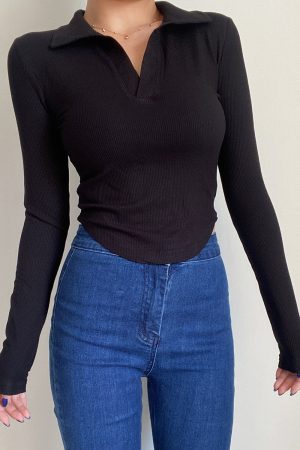 Slim Fit Long Sleeve V-Neck T-Shirt Top - Simple Solid Color Basic for Women - Sexy European & American Style Fashion Essential