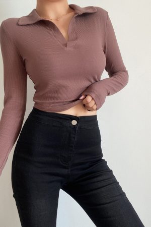 Slim Fit Long Sleeve V-Neck T-Shirt Top - Simple Solid Color Basic for Women - Sexy European & American Style Fashion Essential