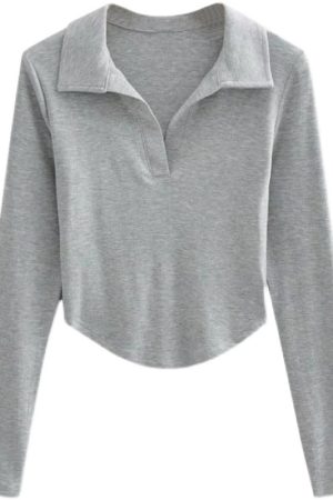 Slim Fit Long Sleeve V-Neck T-Shirt Top - Simple Solid Color Basic for Women - Sexy European & American Style Fashion Essential