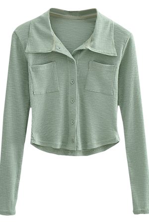 Slim-Fit Minimalist Lapel Long Sleeve T-Shirt - Solid Color, Pocket Detail, Sexy European American Style Top