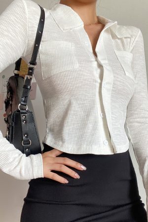 Slim-Fit Minimalist Lapel Long Sleeve T-Shirt - Solid Color, Pocket Detail, Sexy European American Style Top