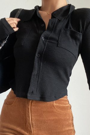Slim-Fit Minimalist Lapel Long Sleeve T-Shirt - Solid Color, Pocket Detail, Sexy European American Style Top