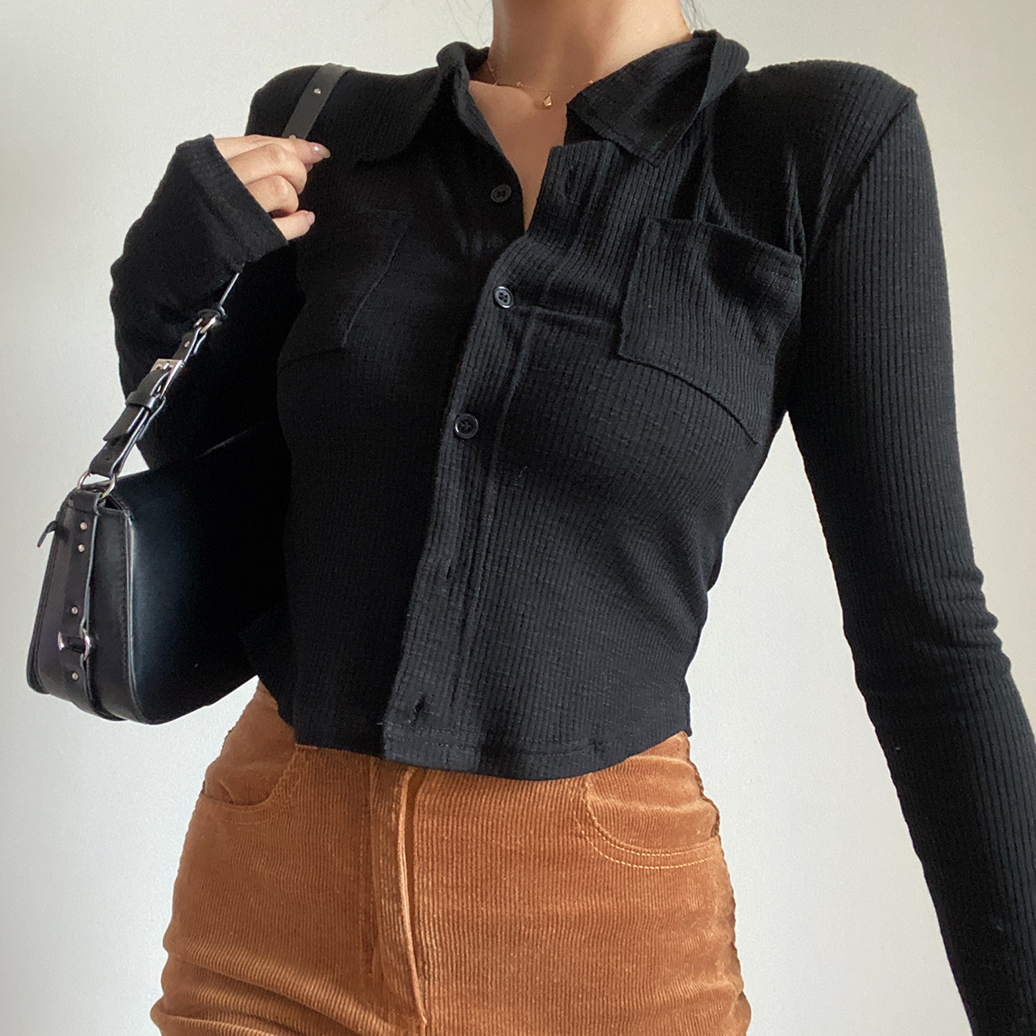 Slim-Fit Minimalist Lapel Long Sleeve T-Shirt - Solid Color, Pocket Detail, Sexy European American Style Top Slim-Fit Minimalist Lapel Long Sleeve T-Shirt - Solid Color, Pocket Detail, Sexy European American Style Top