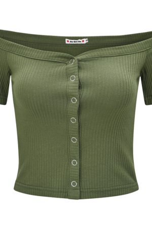 Slim Fit One-Shoulder Ribbed Crop Top T-Shirt for Women - European American Style, Short Sleeve, High Waist, Stretchy Fashion Top