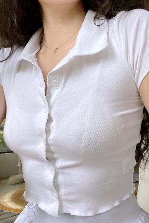 Slim-Fit Polo Collar Knitted Short-Sleeve T-Shirt for Women with Lace Cardigan - European American Minimalist Style