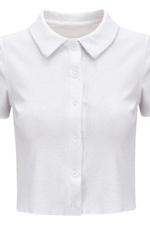 Slim-Fit Polo Collar Knitted Short-Sleeve T-Shirt for Women with Lace Cardigan - European American Minimalist Style