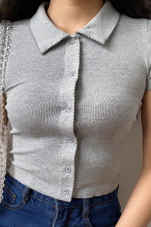 Slim-Fit Polo Collar Knitted Short-Sleeve T-Shirt for Women with Lace Cardigan - European American Minimalist Style