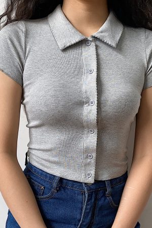 Slim-Fit Polo Collar Knitted Short-Sleeve T-Shirt for Women with Lace Cardigan - European American Minimalist Style