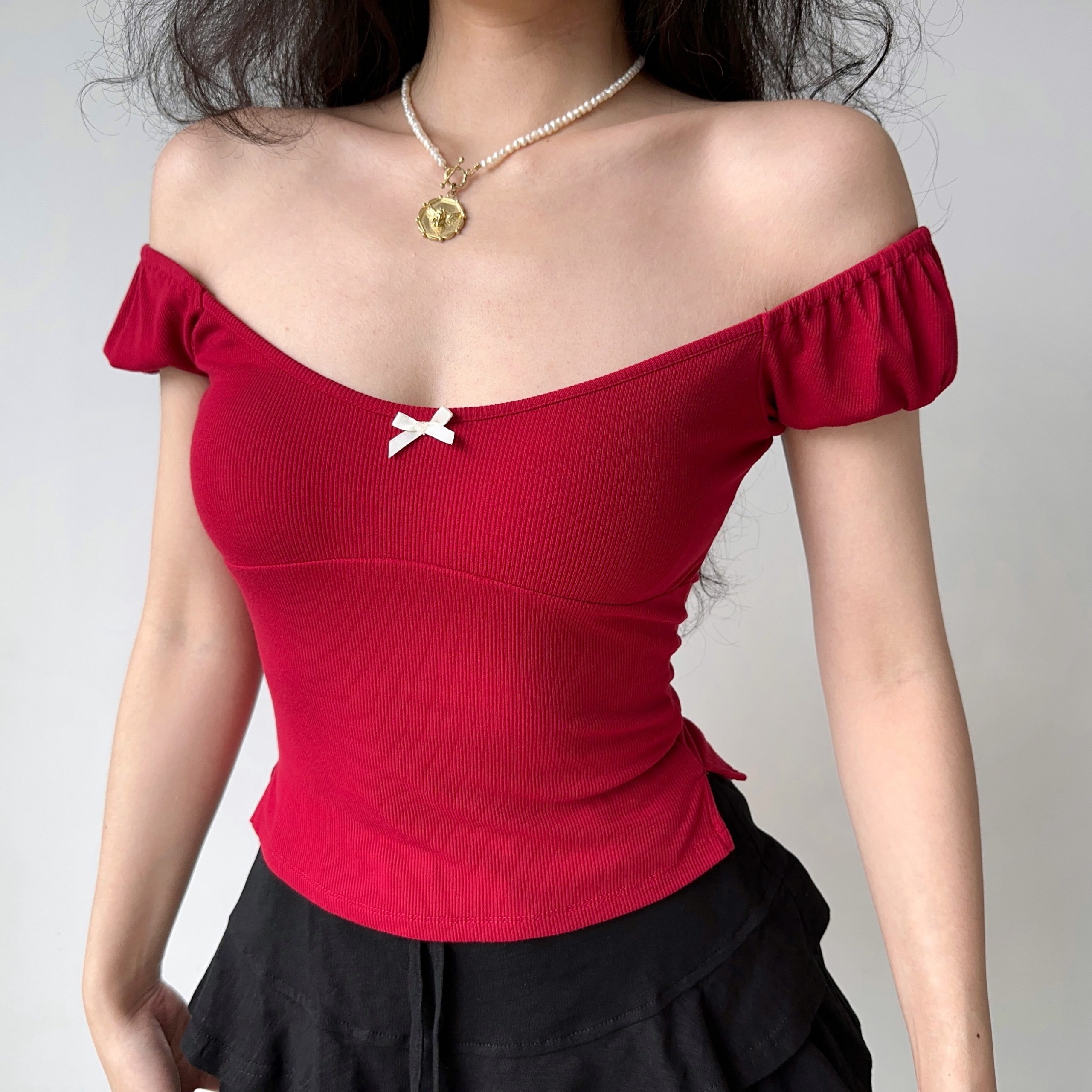 Slim Fit Puff Sleeve Bowknot T-shirt for Women - European American Style Ribbed Short Sleeve Round Neck Top - Summer Fashion Slim Fit Puff Sleeve Bowknot T-shirt for Women - European American Style Ribbed Short Sleeve Round Neck Top - Summer Fashion