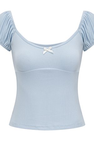 Slim Fit Puff Sleeve Bowknot T-shirt for Women - European American Style Ribbed Short Sleeve Round Neck Top - Summer Fashion