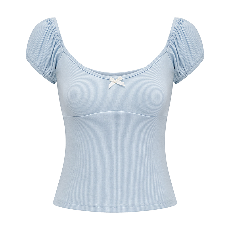 Slim Fit Puff Sleeve Bowknot T-shirt for Women - European American Style Ribbed Short Sleeve Round Neck Top - Summer Fashion Slim Fit Puff Sleeve Bowknot T-shirt for Women - European American Style Ribbed Short Sleeve Round Neck Top - Summer Fashion