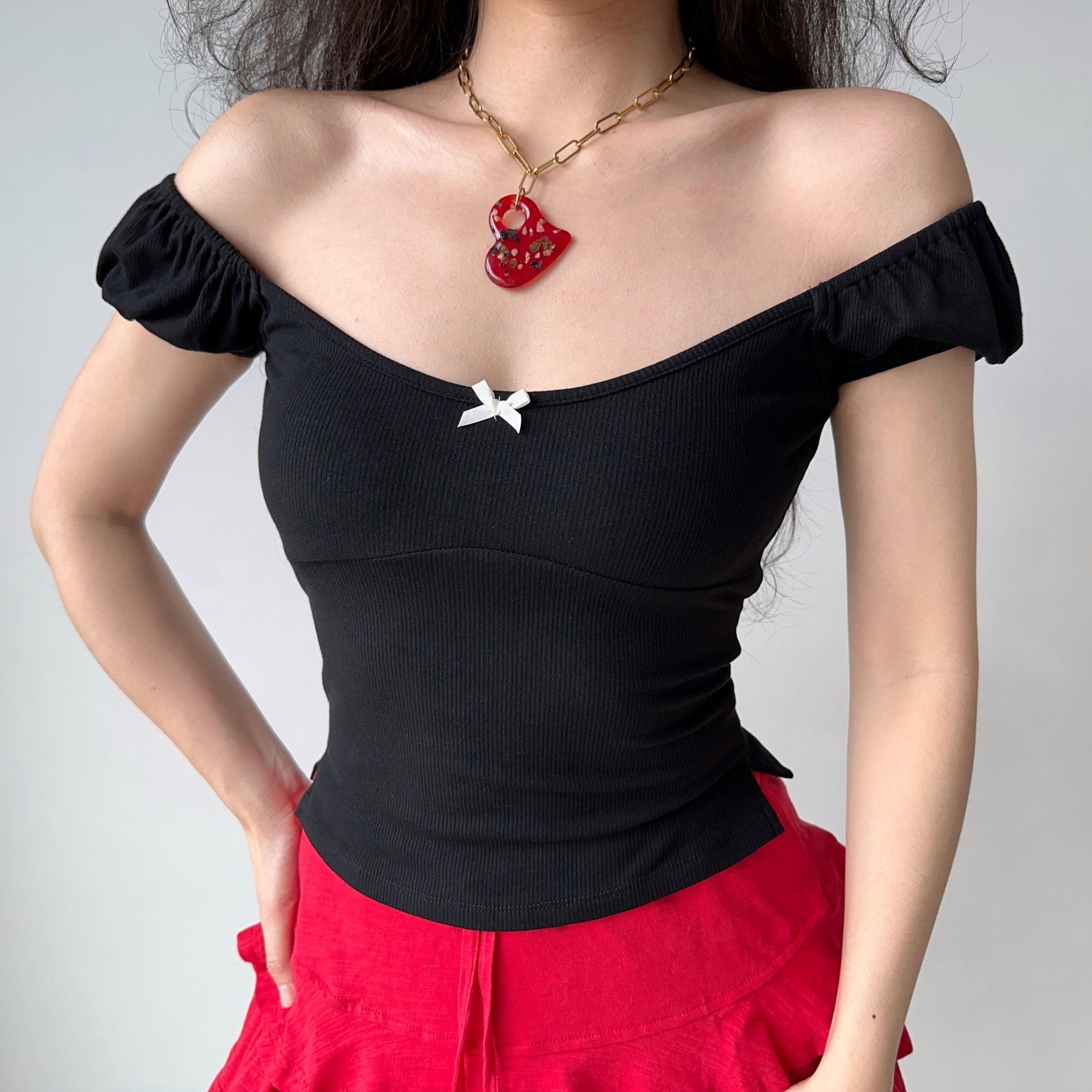 Slim Fit Puff Sleeve Bowknot T-shirt for Women - European American Style Ribbed Short Sleeve Round Neck Top - Summer Fashion Slim Fit Puff Sleeve Bowknot T-shirt for Women - European American Style Ribbed Short Sleeve Round Neck Top - Summer Fashion