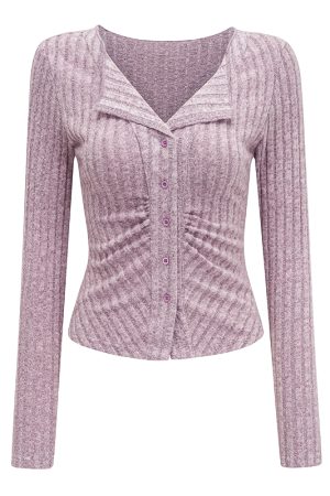 Slim Fit Retro Ribbed Long Sleeve Knitted Cardigan for Women - European and American Style, Flattering Stretchy Top