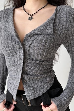 Slim Fit Retro Ribbed Long Sleeve Knitted Cardigan for Women - European and American Style, Flattering Stretchy Top