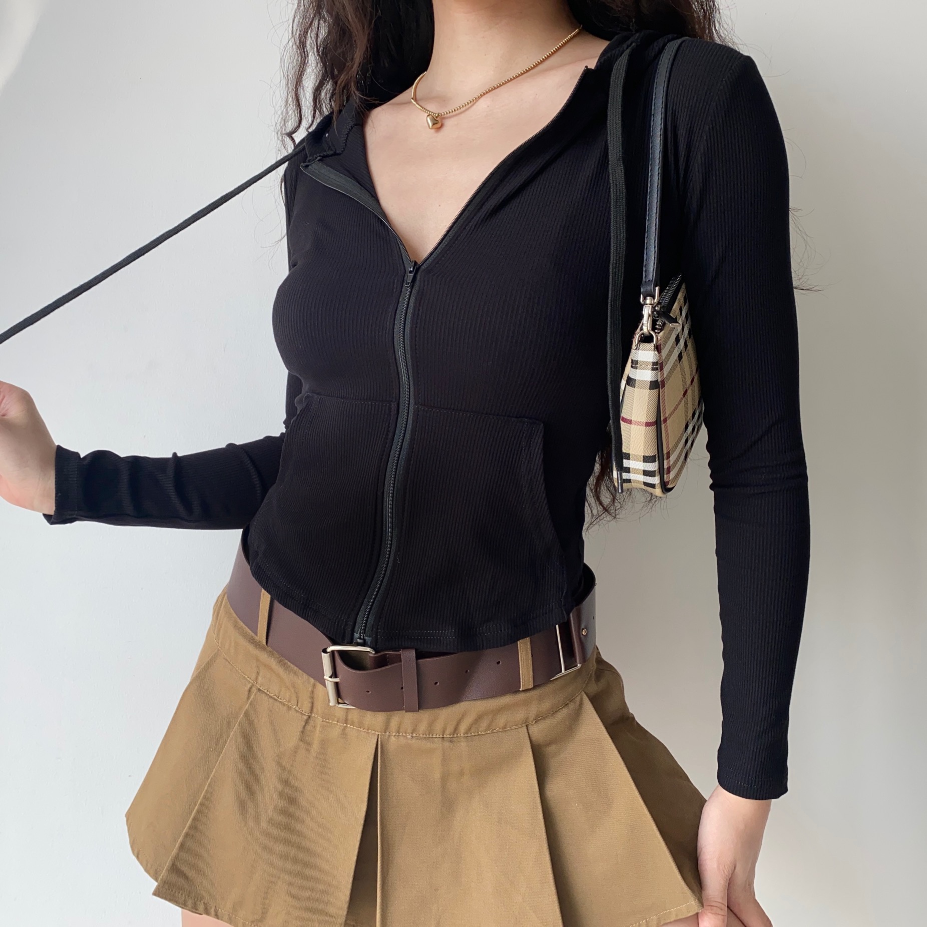 Slim Fit Ribbed Hooded Long Sleeve Cardigan Jacket - European American Minimalist Women's Short Top 90s Y2K Fashion Slim Fit Ribbed Hooded Long Sleeve Cardigan Jacket - European American Minimalist Women's Short Top 90s Y2K Fashion