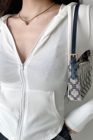 Slim Fit Ribbed Hooded Long Sleeve Cardigan Jacket - European American Minimalist Women's Short Top 90s Y2K Fashion