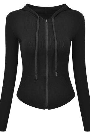 Slim Fit Ribbed Hooded Long Sleeve Cardigan Jacket - European American Minimalist Women's Short Top 90s Y2K Fashion