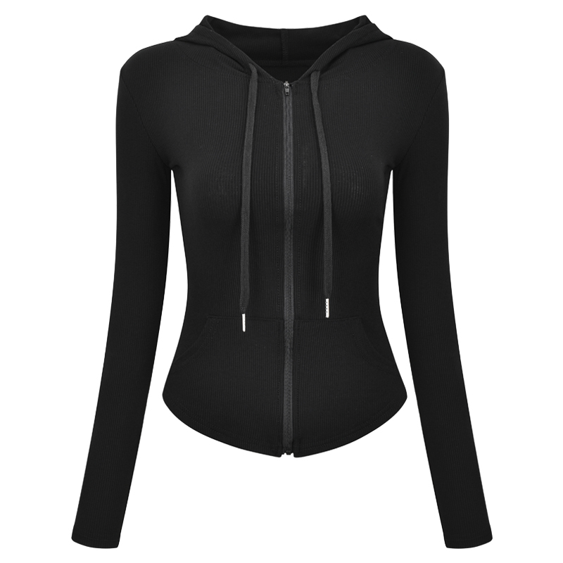Slim Fit Ribbed Hooded Long Sleeve Cardigan Jacket - European American Minimalist Women's Short Top 90s Y2K Fashion Slim Fit Ribbed Hooded Long Sleeve Cardigan Jacket - European American Minimalist Women's Short Top 90s Y2K Fashion