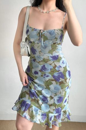 Slim Fit Ruffled Bodycon Camisole Dress - Self-Made European American Style Printed Summer Dress for Women, Y2K Fashion