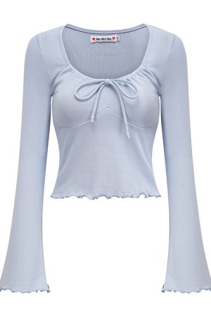 Slim Fit U-Neck Long Sleeve Ballet Style T-Shirt for Women - European & American Fashion, Flared Sleeves, Trendy Y2K Design