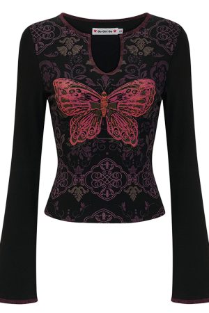 Slim Fit V-Neck Long Sleeve T-Shirt with Butterfly Print â€“ Retro European and American Style Women's Top