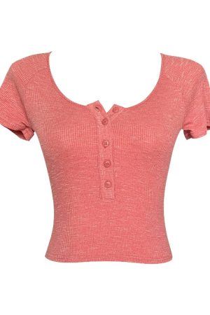 Slim-Fit White Knitted T-Shirt for Women, Short Sleeve with Button Detail, French Style, Chest-Highlighting Design