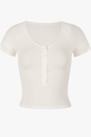 Slim-Fit White Knitted T-Shirt for Women, Short Sleeve with Button Detail, French Style, Chest-Highlighting Design
