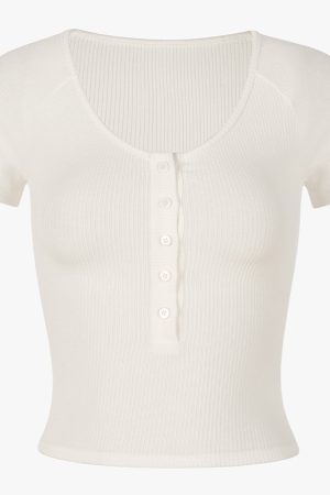 Slim-Fit White Knitted T-Shirt for Women, Short Sleeve with Button Detail, French Style, Chest-Highlighting Design