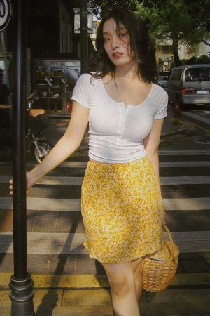 Slim-Fit White Knitted T-Shirt for Women, Short Sleeve with Button Detail, French Style, Chest-Highlighting Design